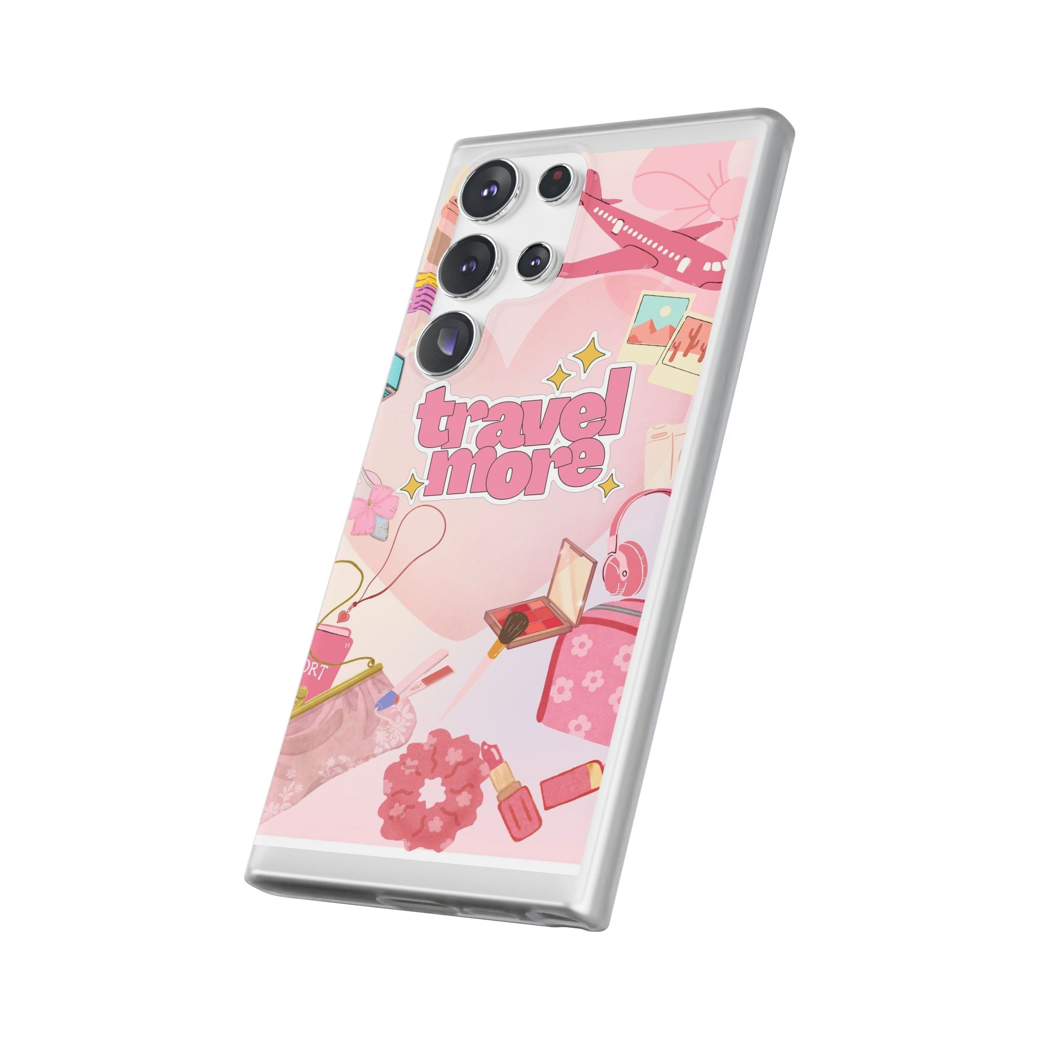 Travel More Pink Phone Case — Cute Airplane & Luggage Flexi Case