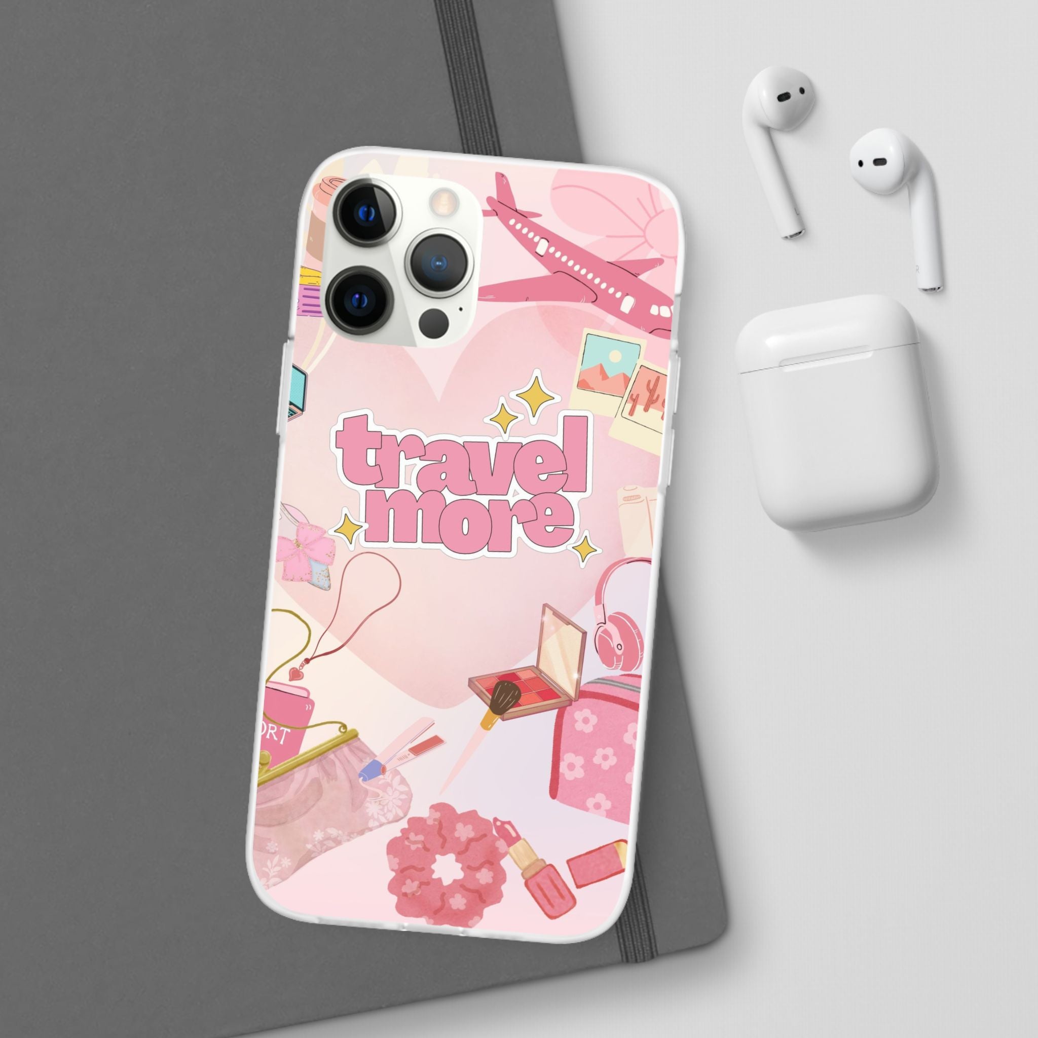 Travel More Pink Phone Case — Cute Airplane & Luggage Flexi Case