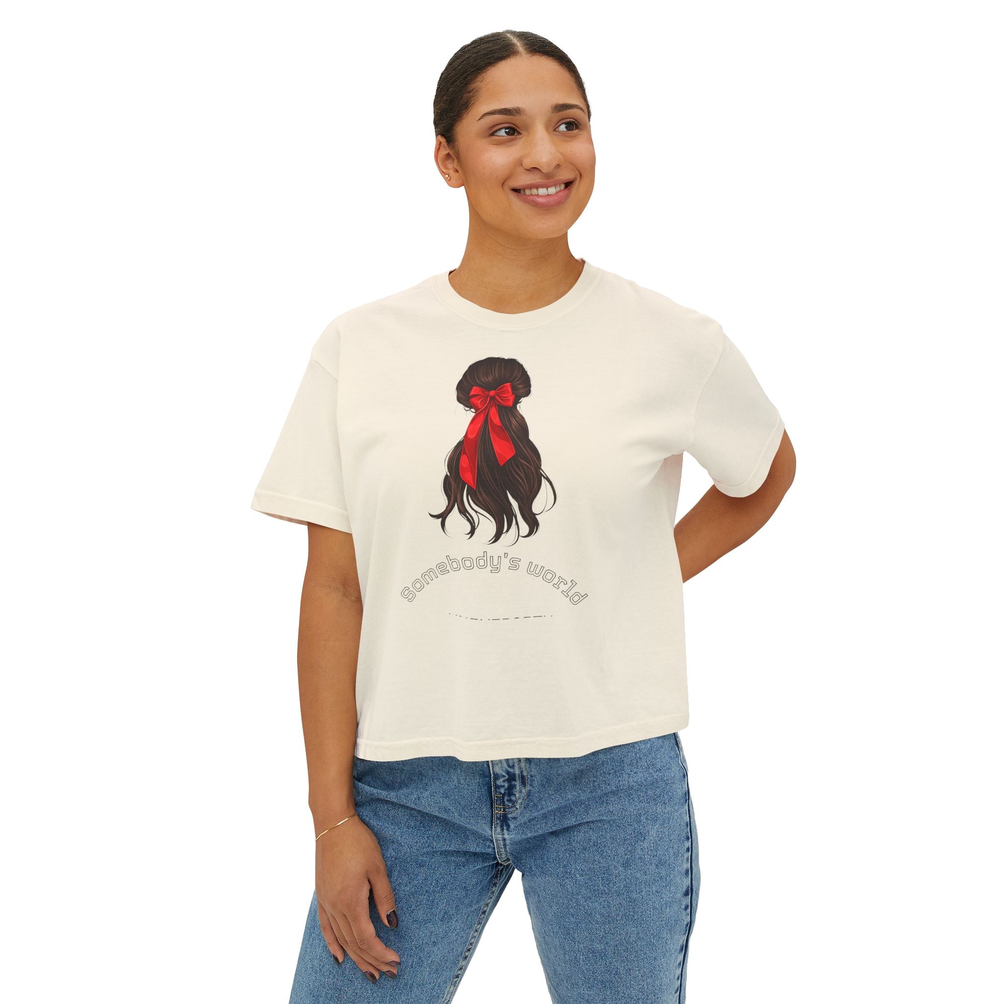 Red Ribbon Braided Hair illustration Tee | Somebody's Wizard text