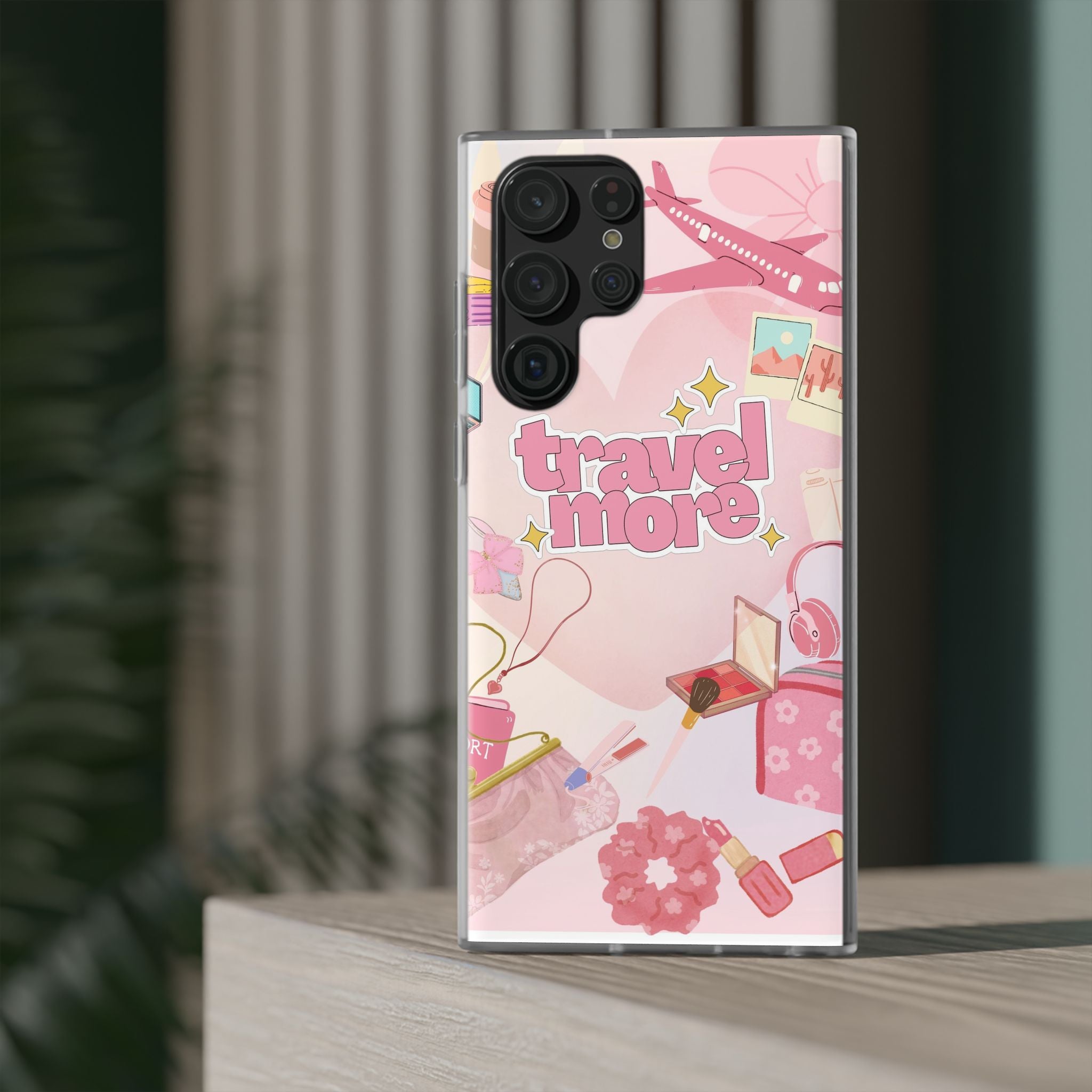 Travel More Pink Phone Case — Cute Airplane & Luggage Flexi Case