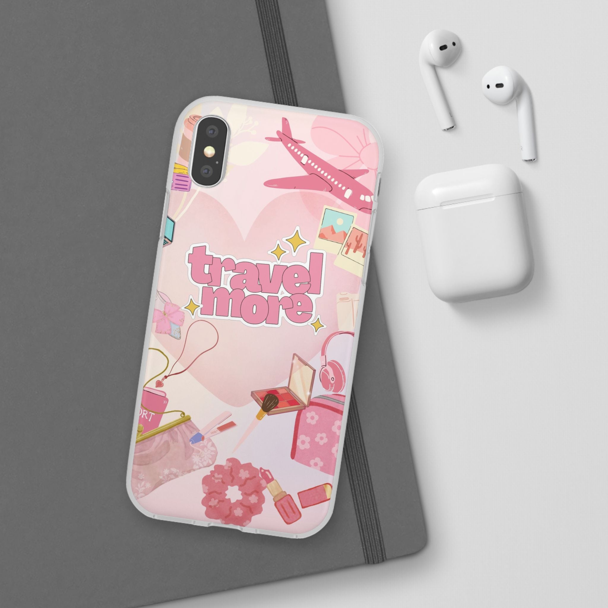 Travel More Pink Phone Case — Cute Airplane & Luggage Flexi Case