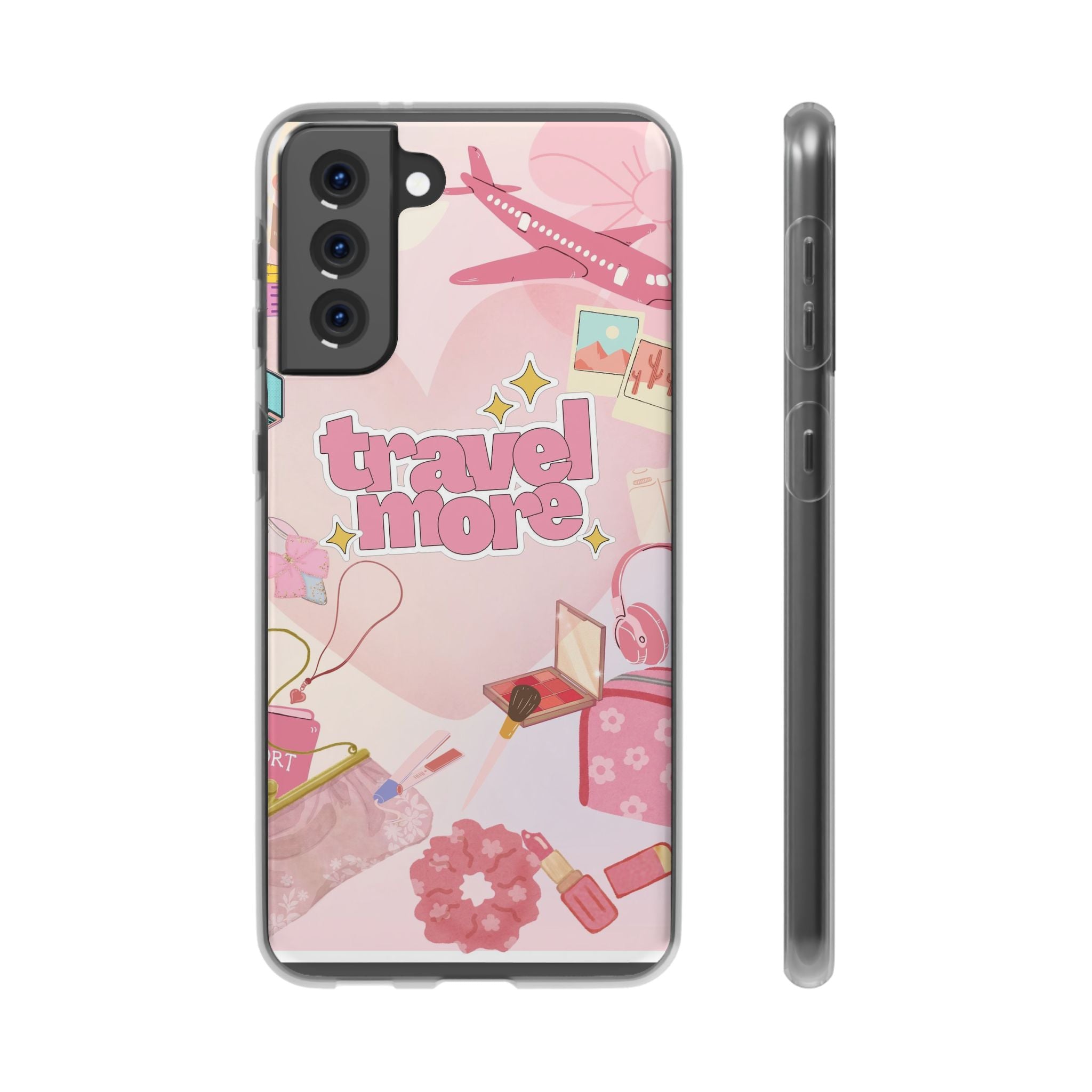 Travel More Pink Phone Case — Cute Airplane & Luggage Flexi Case