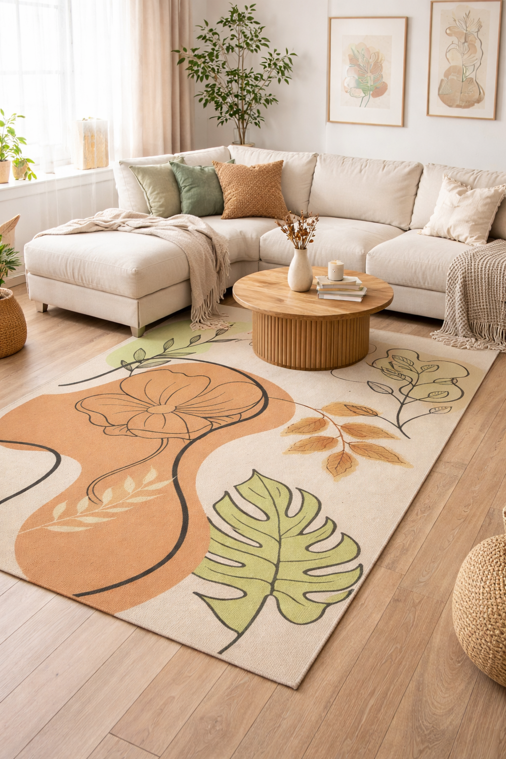 Botanical Abstract Area Rug — Earth Tones Floral Line Art