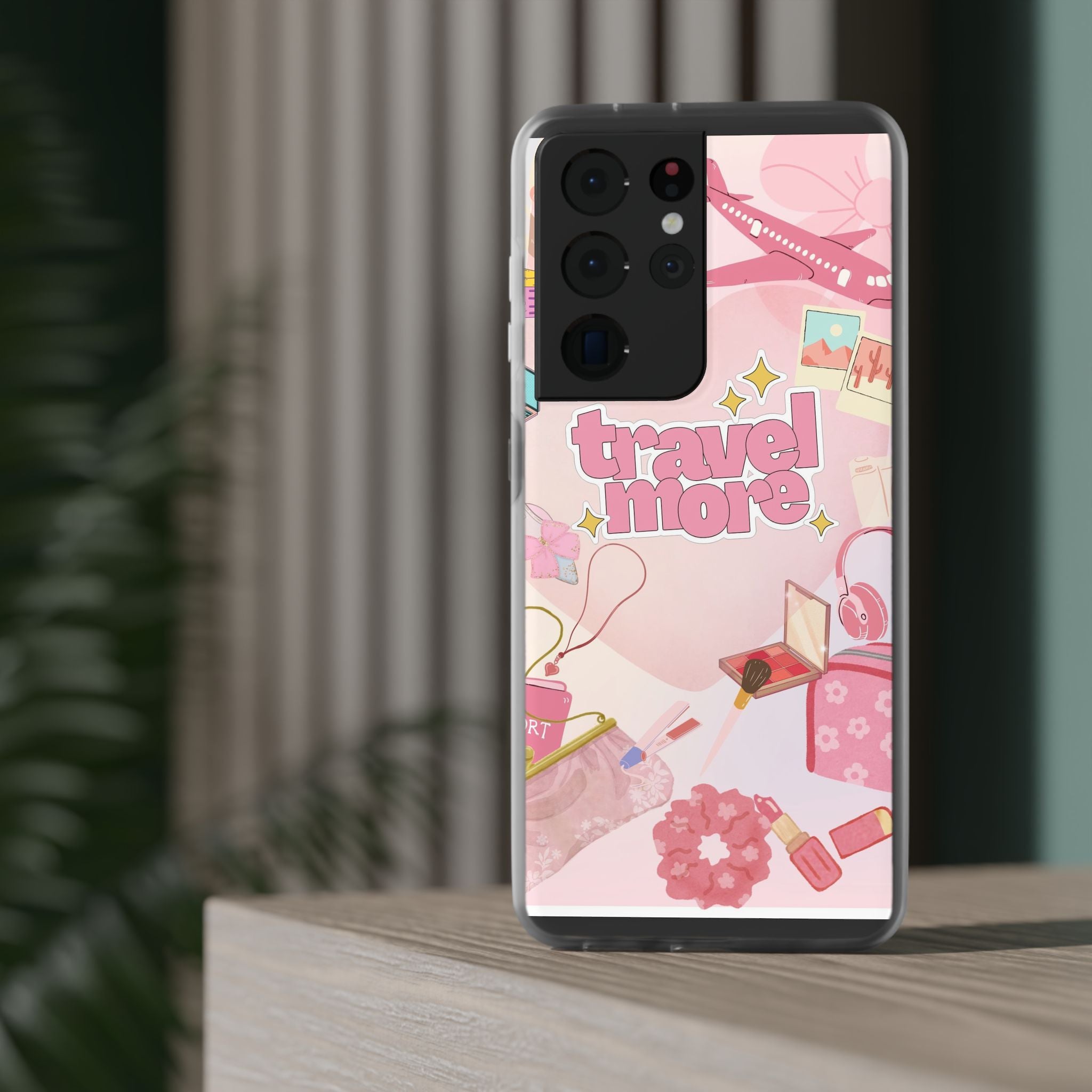 Travel More Pink Phone Case — Cute Airplane & Luggage Flexi Case