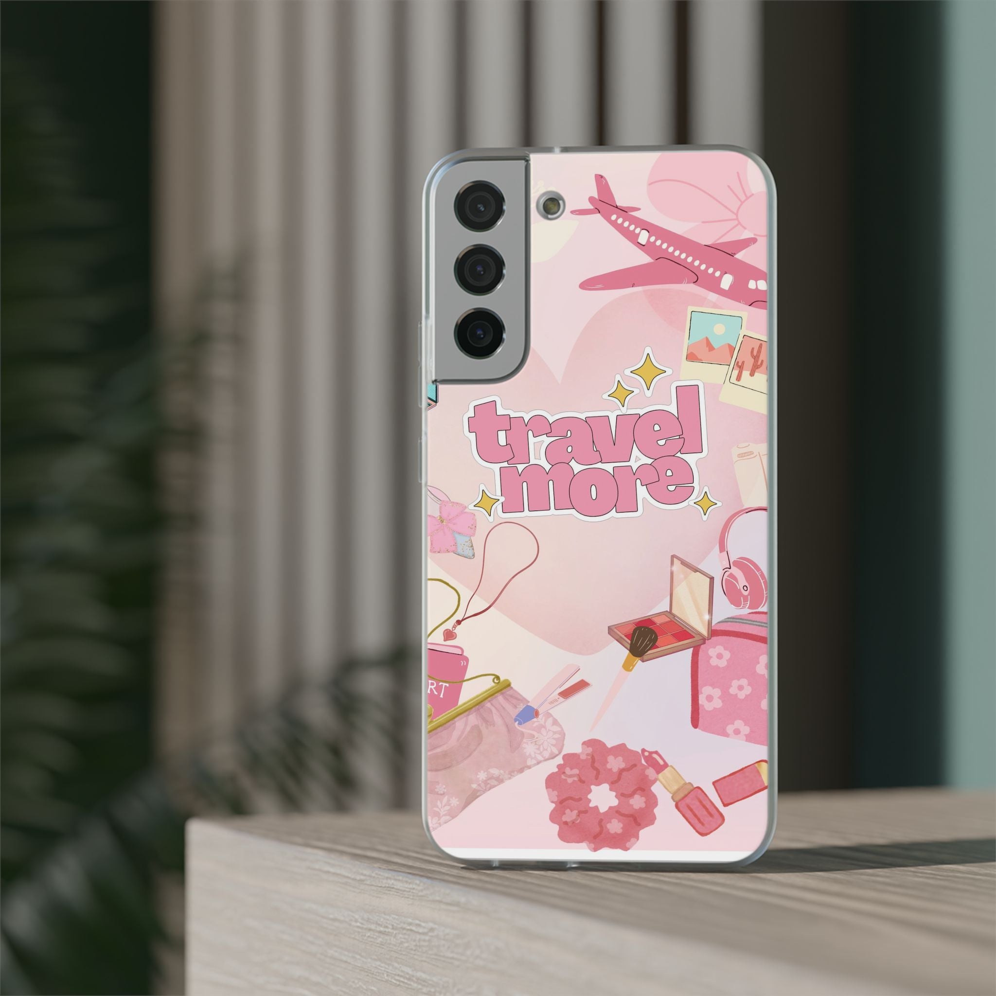 Travel More Pink Phone Case — Cute Airplane & Luggage Flexi Case