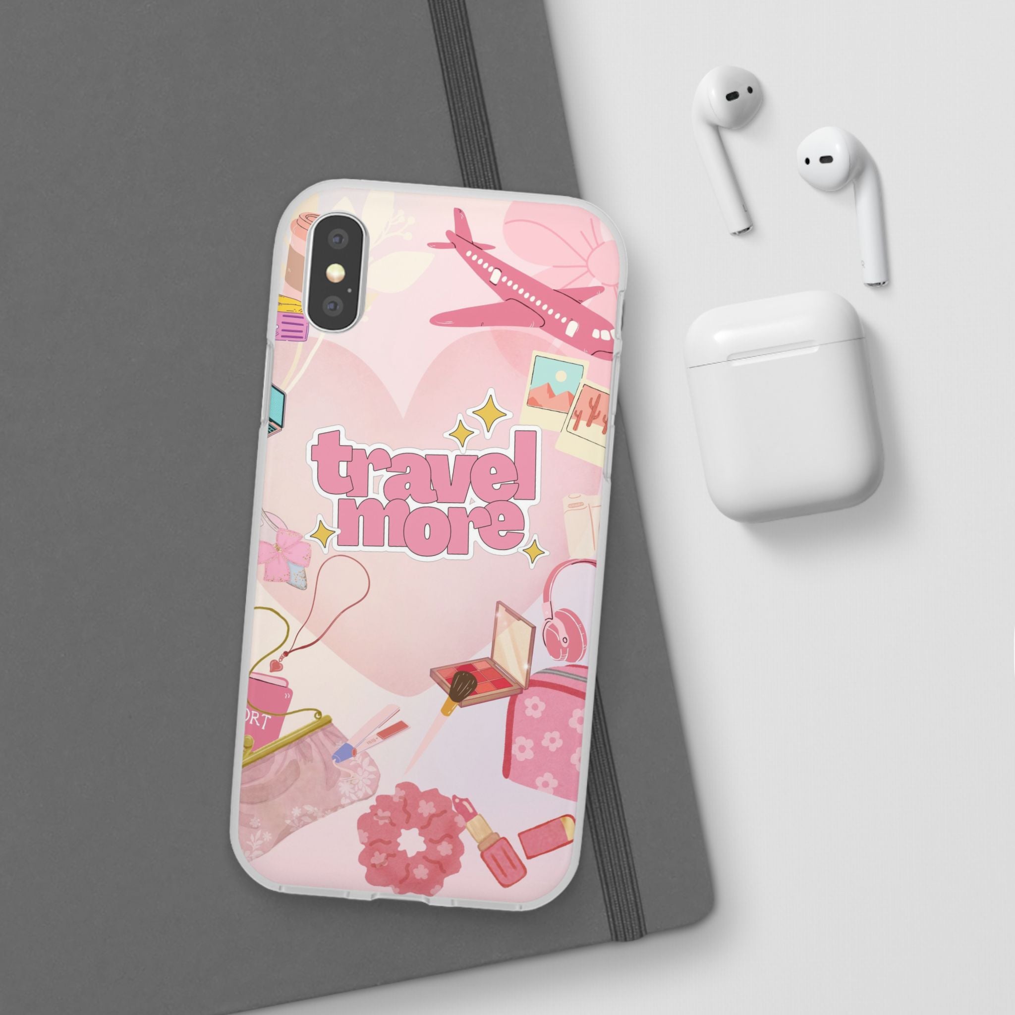 Travel More Pink Phone Case — Cute Airplane & Luggage Flexi Case