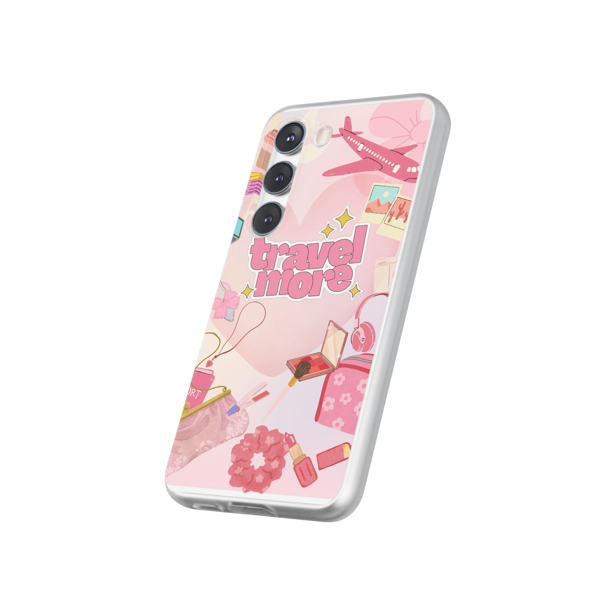Travel More Pink Phone Case — Cute Airplane & Luggage Flexi Case