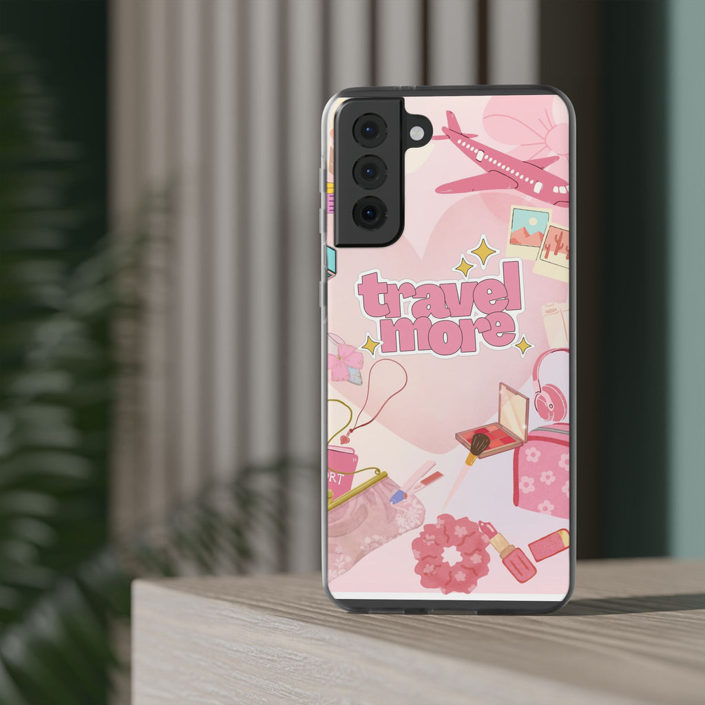 Travel More Pink Phone Case — Cute Airplane & Luggage Flexi Case