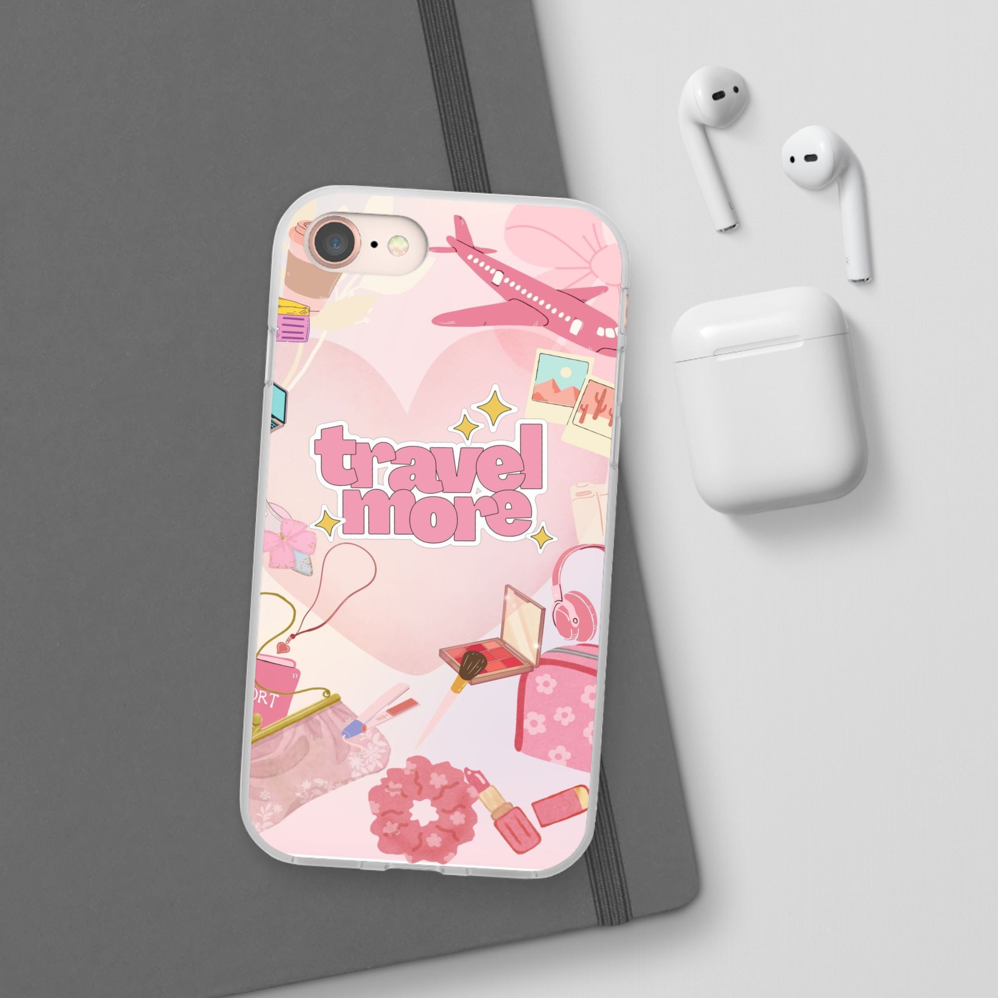 Travel More Pink Phone Case — Cute Airplane & Luggage Flexi Case