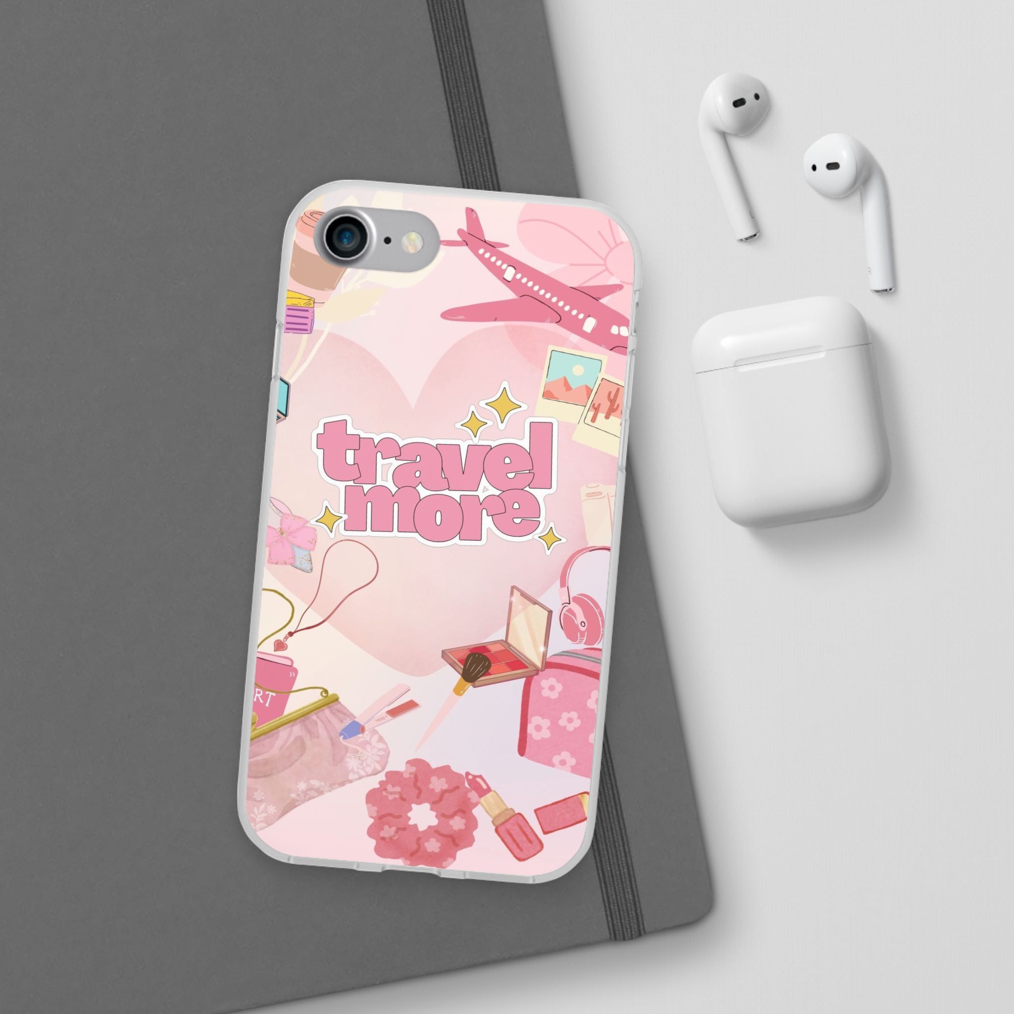 Travel More Pink Phone Case — Cute Airplane & Luggage Flexi Case
